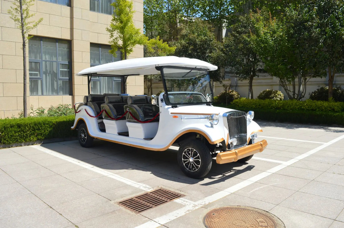 White Lithium Battery Electric Golf Car 12 Seater Vintage Sightseeing Cart Classic Car for Hotel VIP Reception